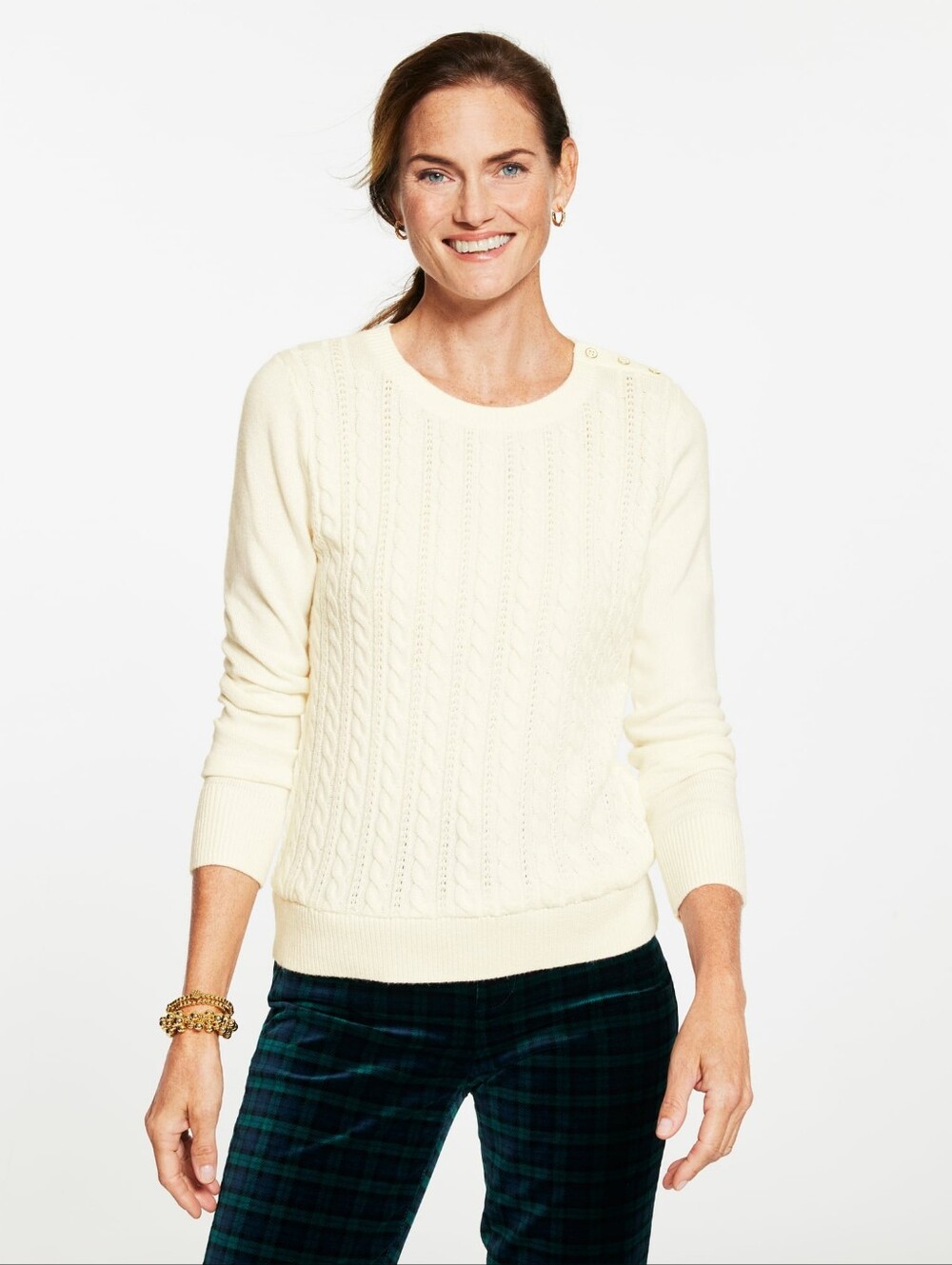 Talbots Cream Cable-Knit Crewneck Sweater Cotton Blend Size M